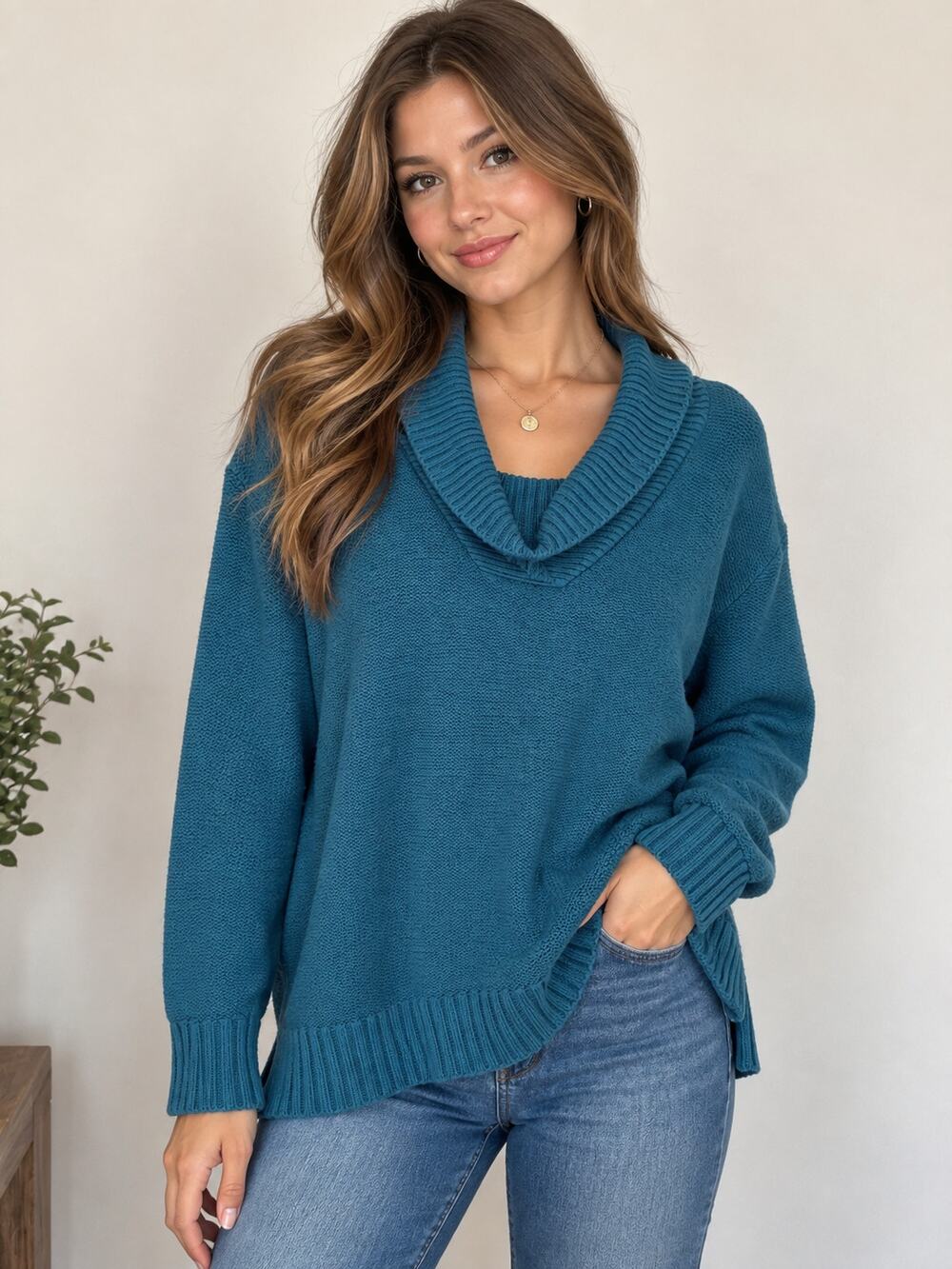 Natural Reflections Teal Cowl Neck Knit Sweater XL Cozy Pullover